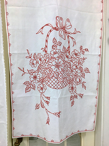 프랑스 빈티지 리본 꽃바구니 레드 자수 패널